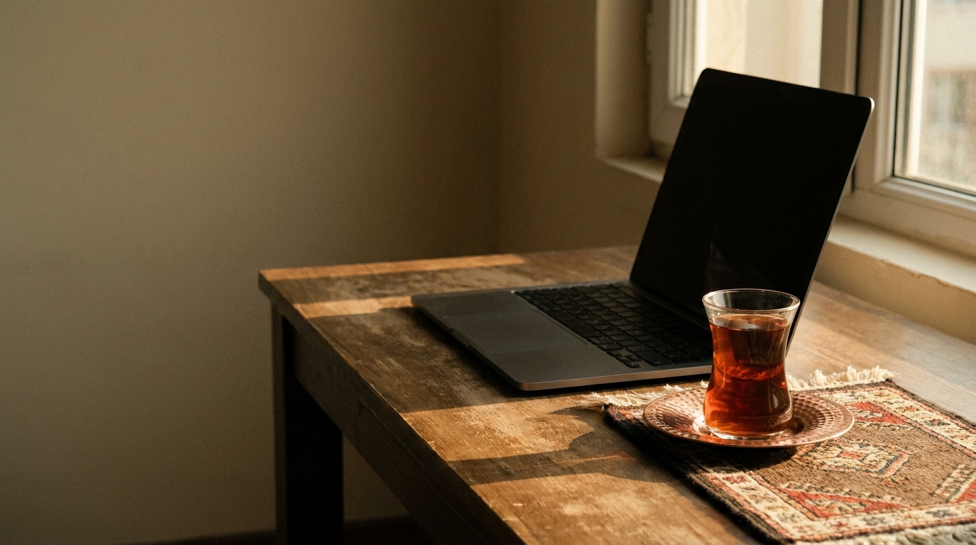 Laptop and glass of tea on wooden desk by sunny window