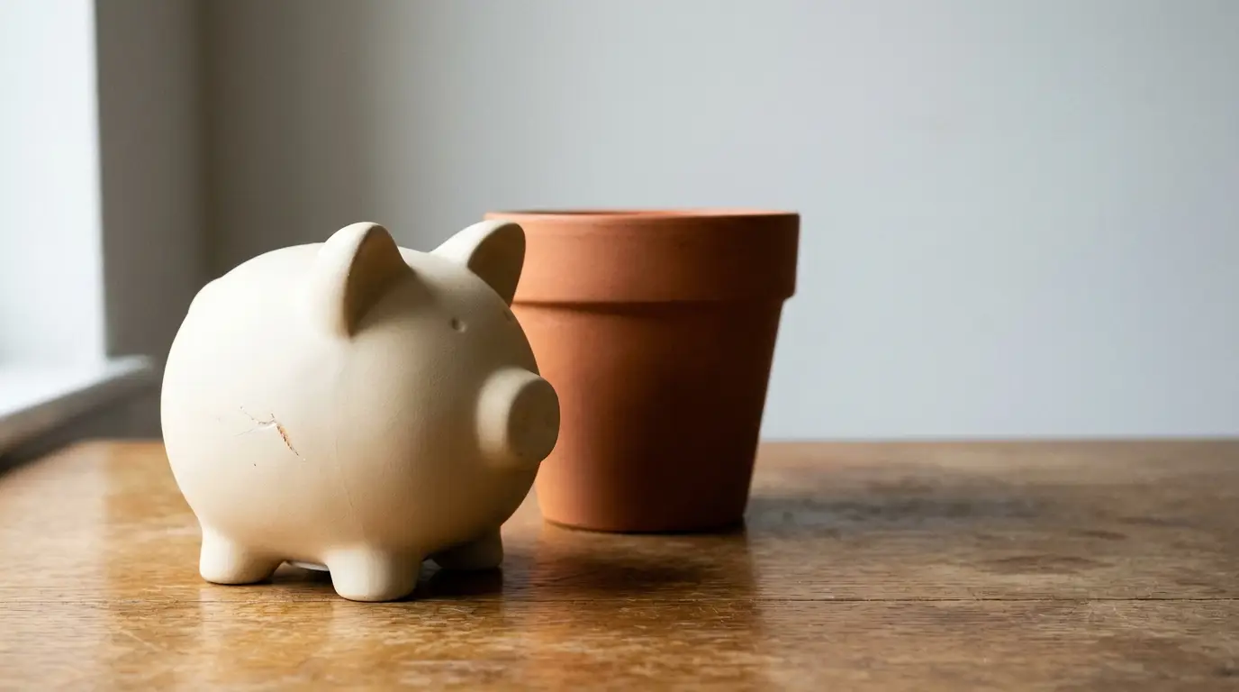 Beige piggy bank and terracotta pot on wooden table in natural light