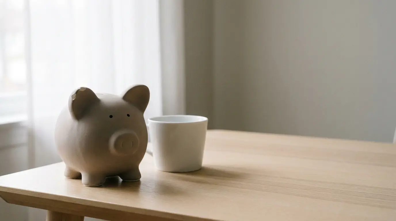 Piggy bank and white mug on wooden table in softly lit room