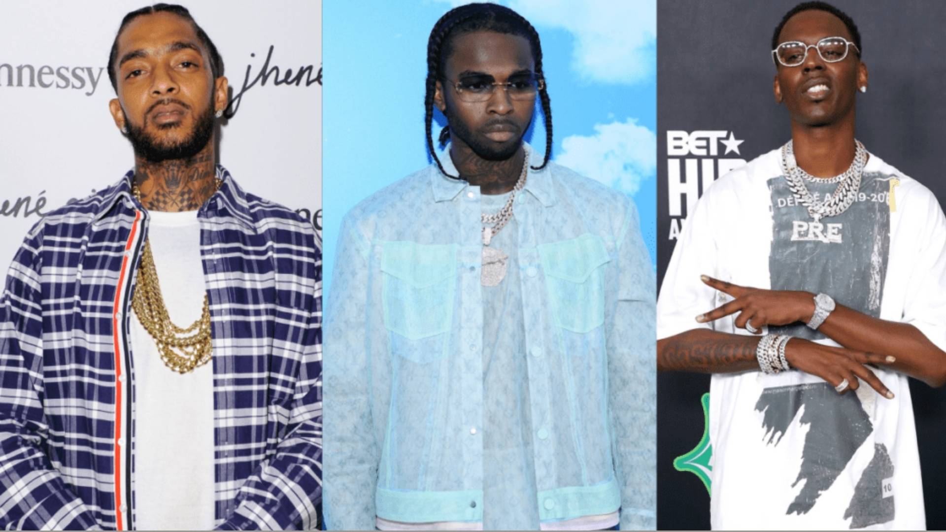 Nipsey Hussle, Pop Smoke, and Young Dolph with their reported height differences shown through side-by-side appearances.