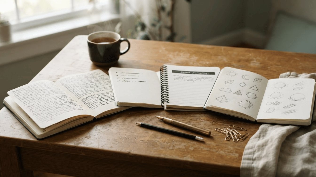 four open journals showing writing prompts lists and simple sketches arranged on a wooden desk