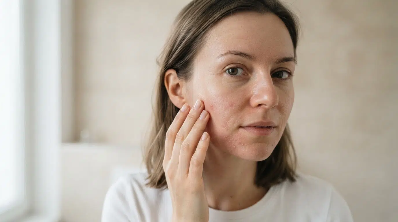 woman with mild facial redness and dryness reacting to niacinamide serum at vanity