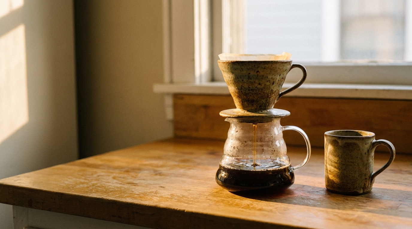 Ceramic pour-over coffee set with mug on wooden counter in sunlight