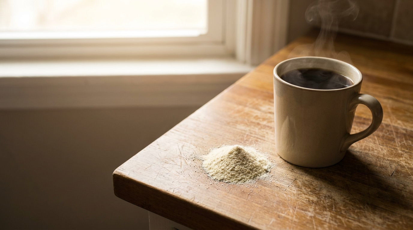 Steaming coffee mug and pile of powder on wooden table near window