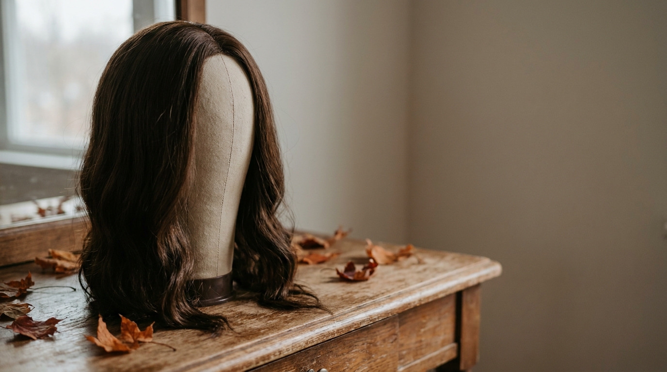 Brown wig on mannequin head on wooden table with scattered autumn leaves