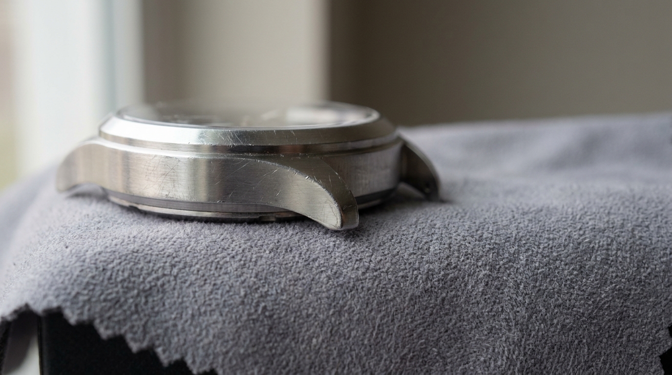Close-up of a stainless steel watch case on gray fabric surface