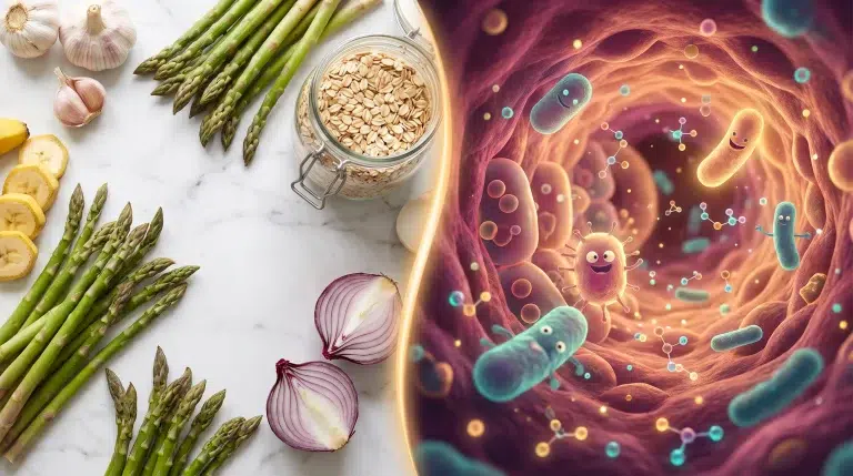 Fresh vegetables and probiotics concept with asparagus, bananas, garlic, and microbes illustration on marble surface