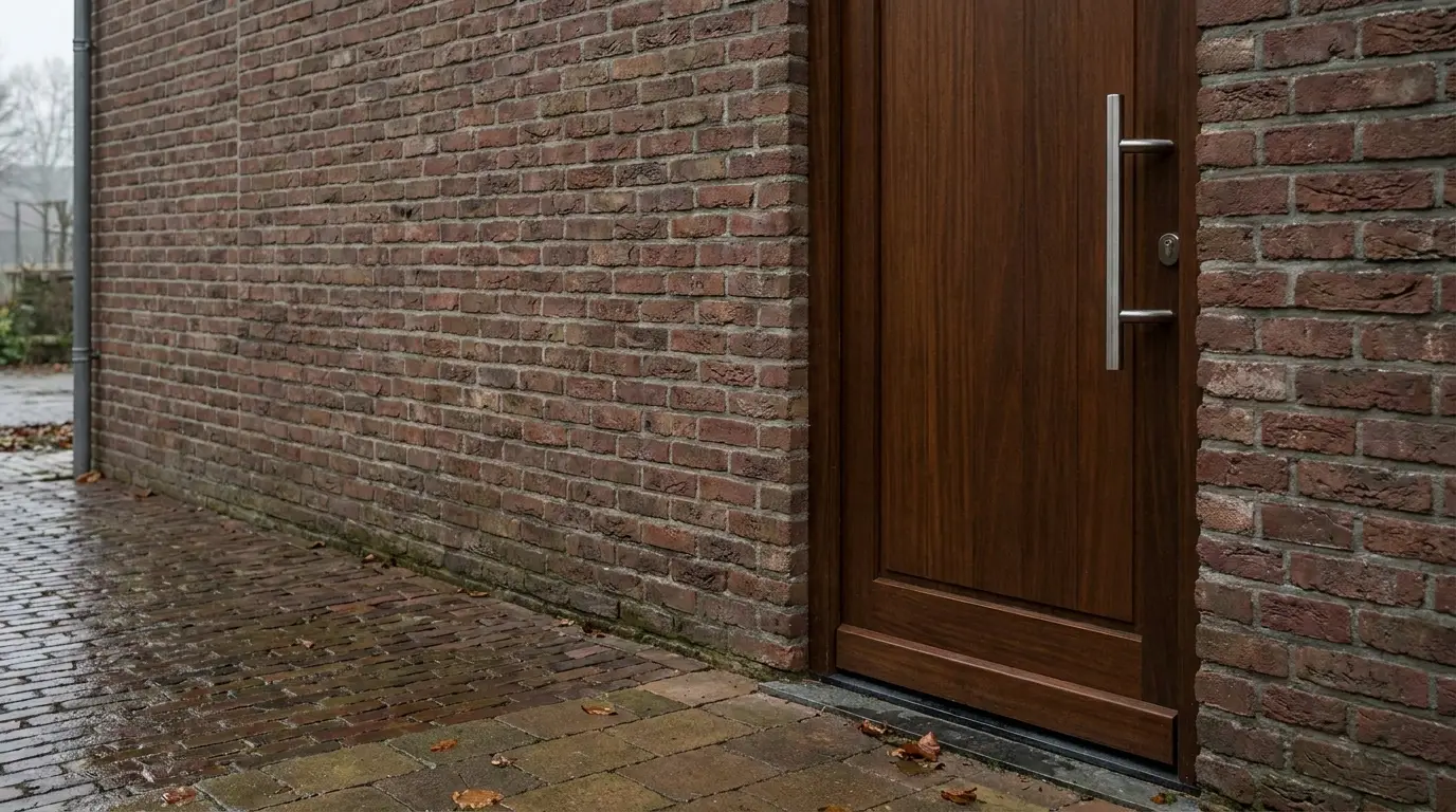 Wooden door with metal handle on red brick wall in outdoor setting