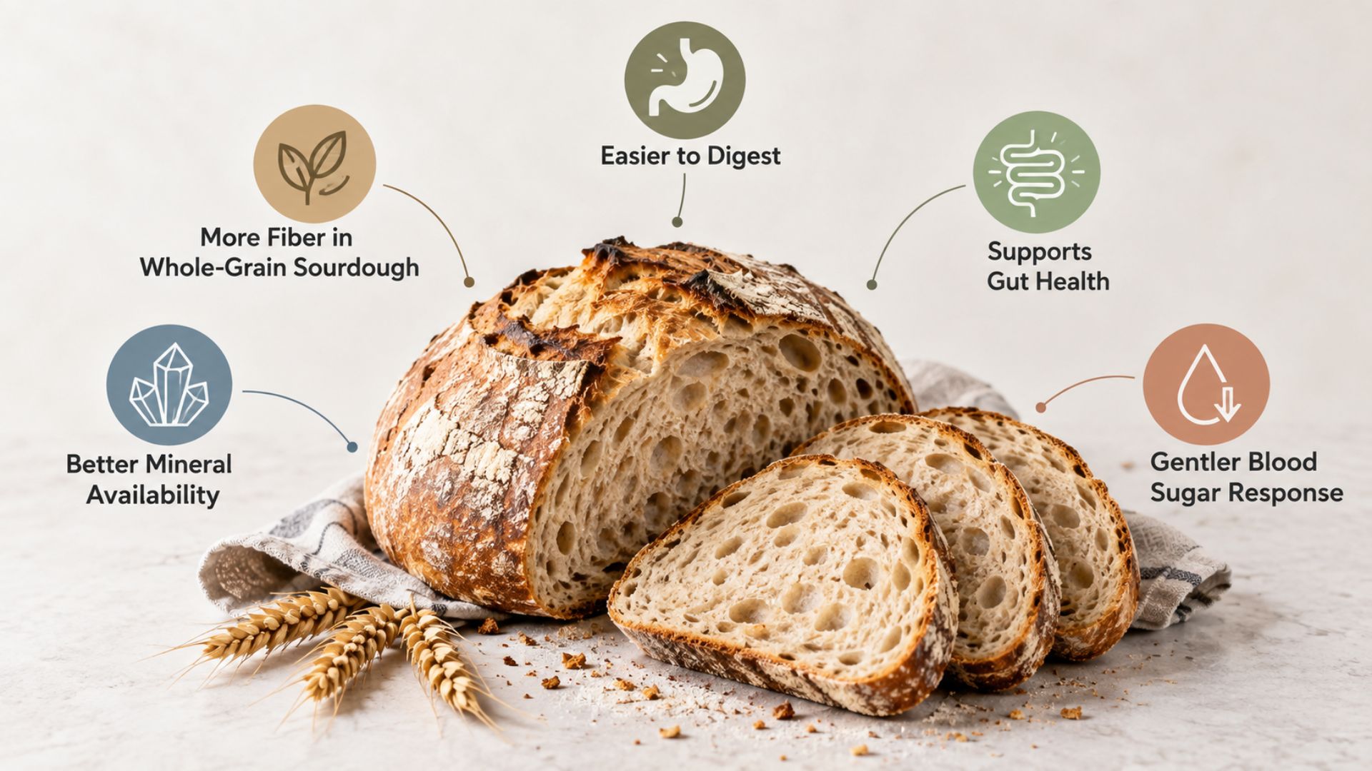 Sourdough health benefits infographic showing a rustic loaf with labels highlighting easier digestion, gut support, higher fiber, mineral availability, and blood sugar response.