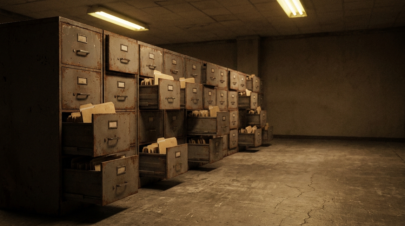 Rusty metal filing cabinets with open drawers in dimly lit basement room