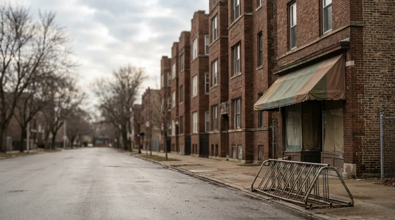 Empty urban street lined with old brick buildings and barren trees under cloudy sky