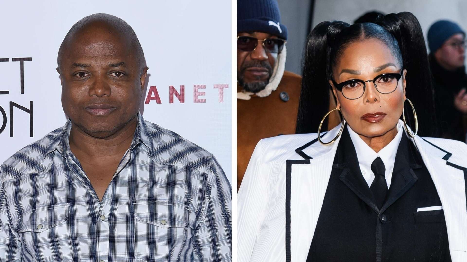 Side-by-side portrait of siblings Randy Jackson in a grey plaid button-down and Janet Jackson in a sharp white-and-black suit jacket.