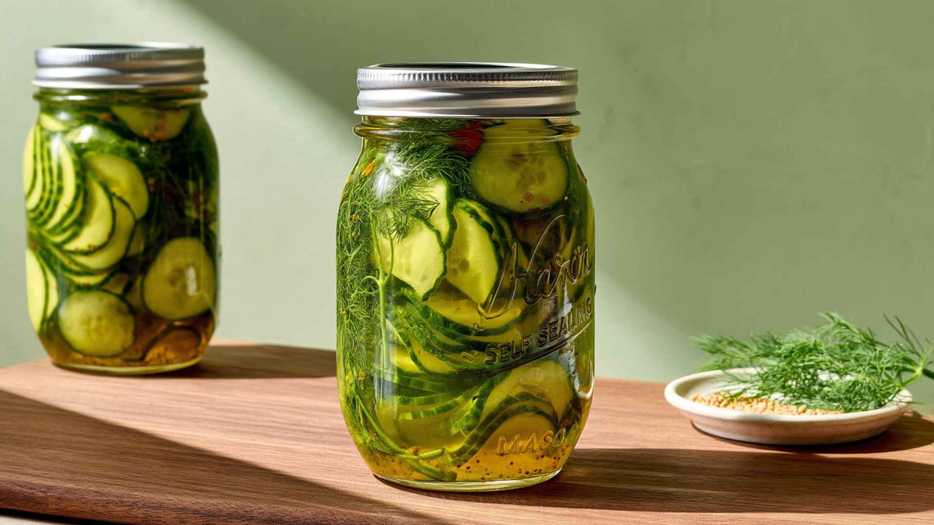 Two glass jars of homemade sliced cucumber pickles with dill and spices on a wooden board in sunlight.