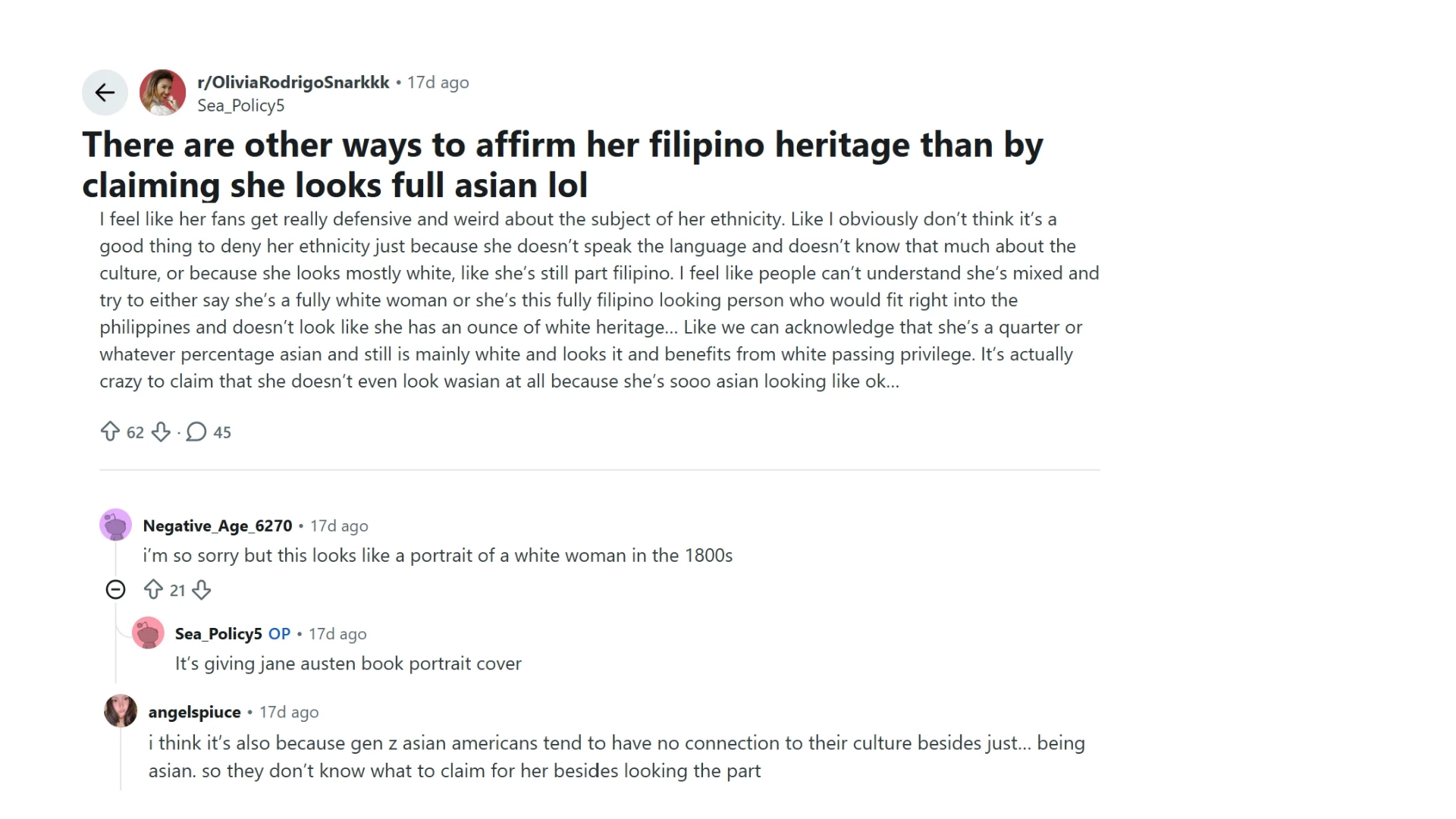 reddit discussion about olivia rodrigo ethnicity showing a user comment about asian american cultural connection