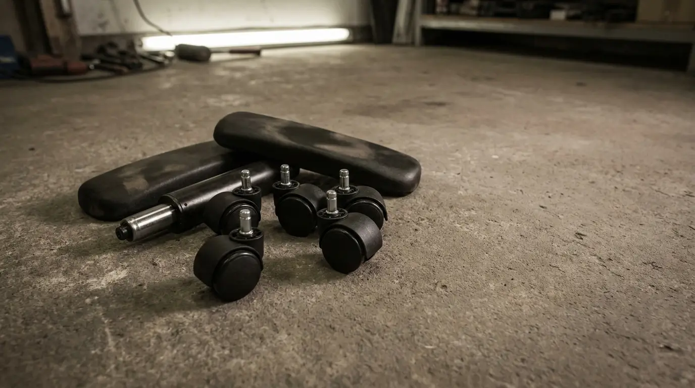 Black caster wheels and armrests on a concrete floor in a dimly lit workshop