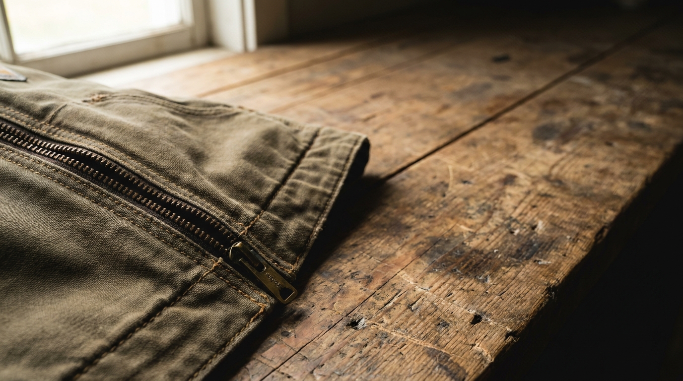 Brown zipper on canvas material on rustic wooden surface in natural light