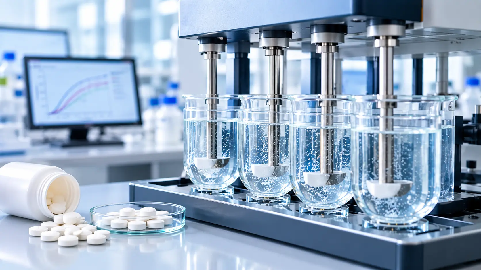 Tablet dissolution testing apparatus with tablets in glass containers in a laboratory setting