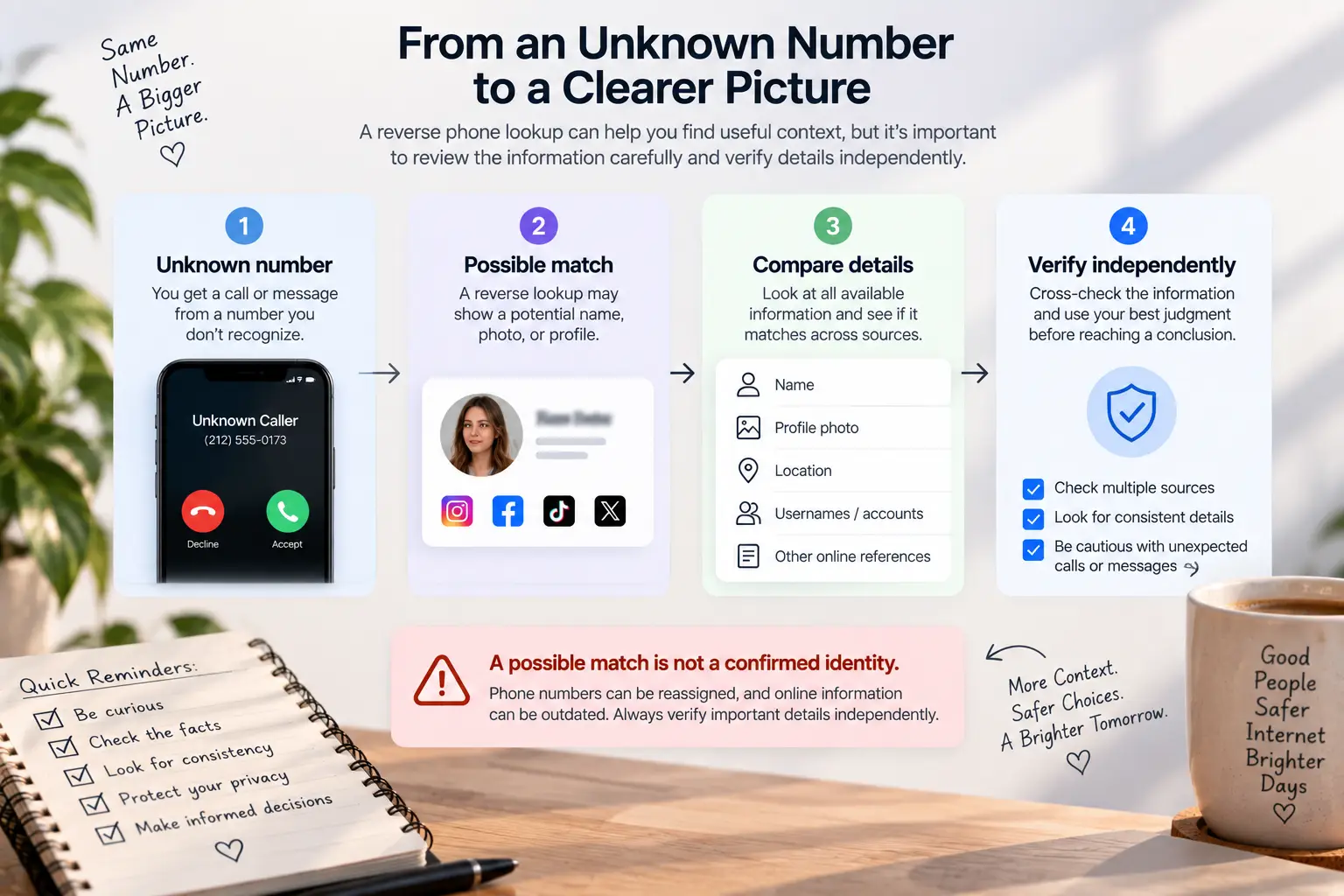 Infographic on verifying unknown numbers with checklist and coffee mug on wooden table