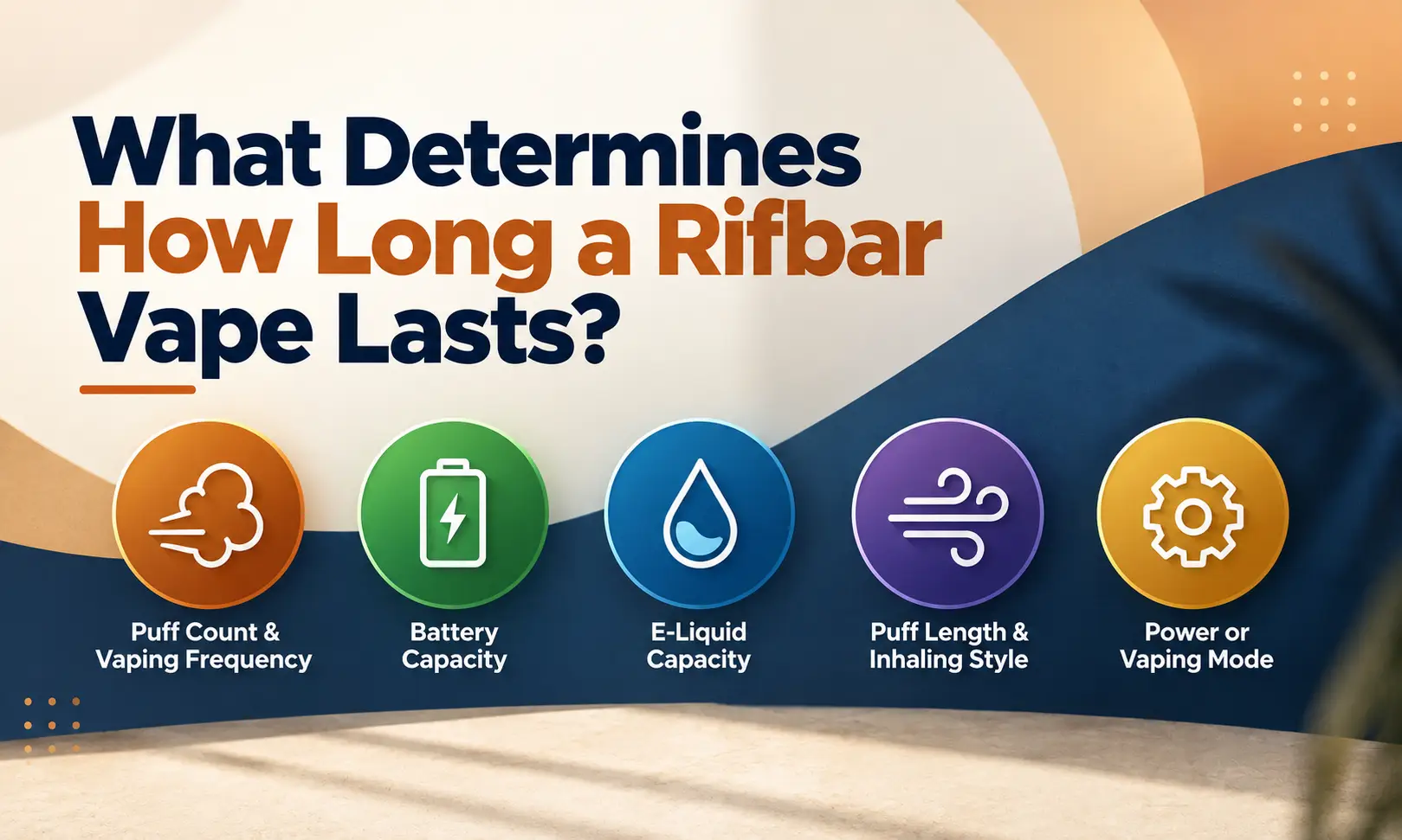 Icons illustrating factors affecting vape longevity on a colorful abstract background