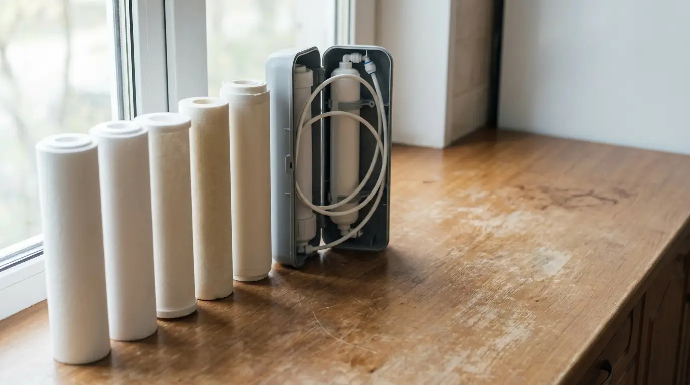 Water filter cartridges and system unit on wooden countertop near window