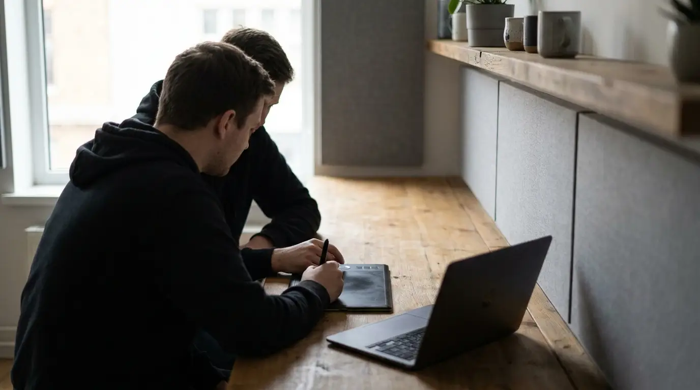 Two people collaborating at a wooden desk with a laptop and digital tablet