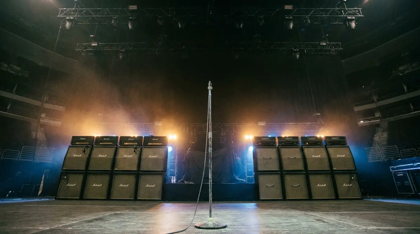 Empty stage with microphone stand and stacked amplifiers in dimly lit concert venue