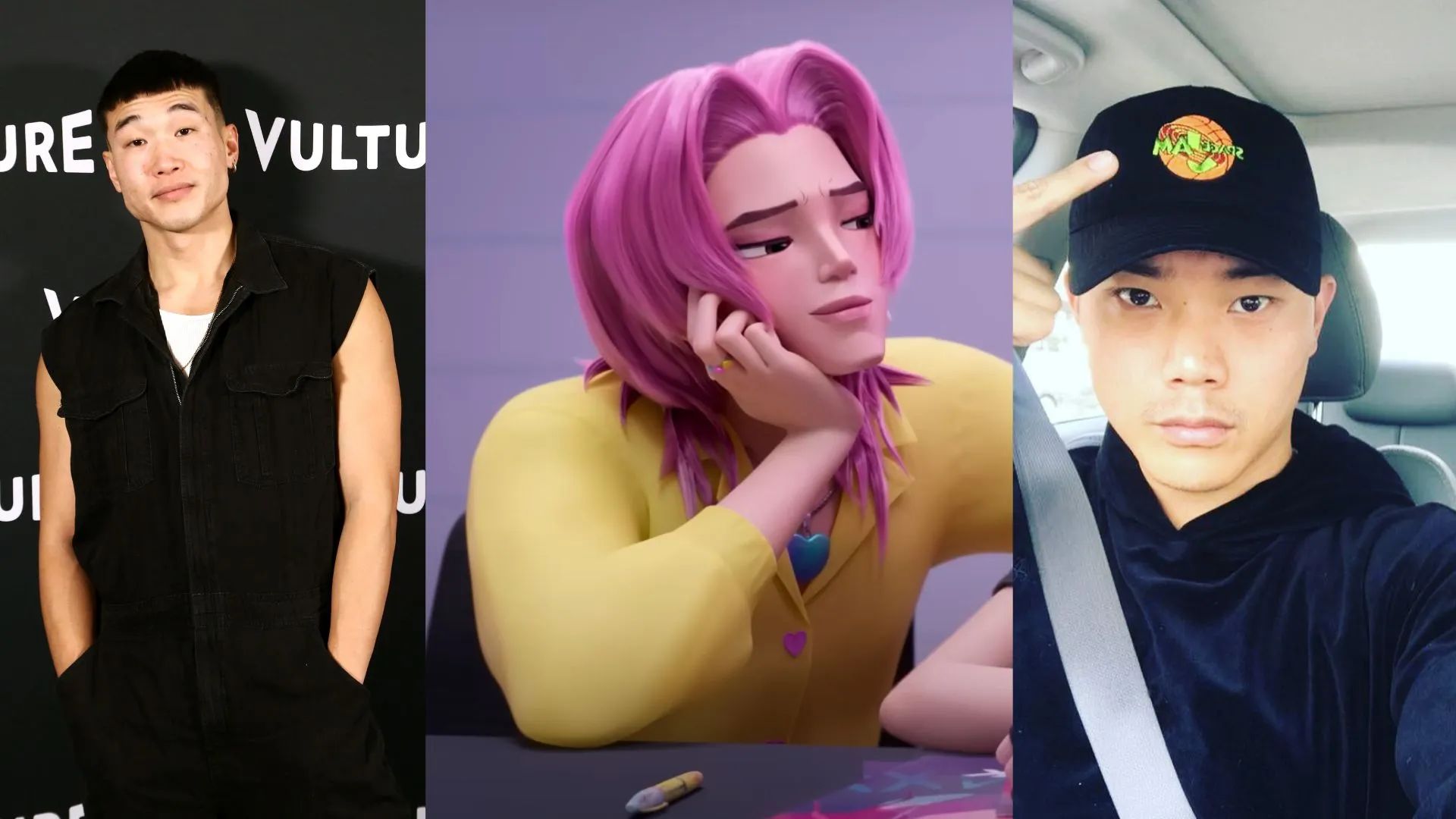 Joel Kim Booster and Romance Saja from KPop Demon Hunters are displayed side by side, showing the voice actor and animated character.