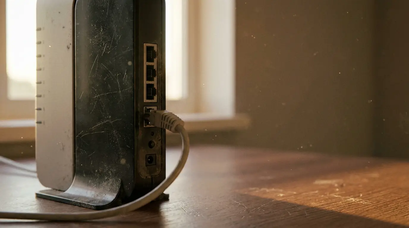 Dusty black internet router with connected cable on wooden table in warm sunlight
