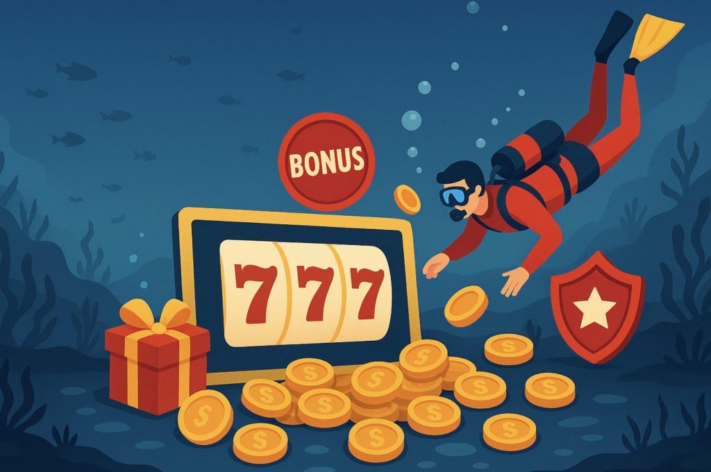 Scuba diver collecting gold coins around underwater slot machine displaying jackpot numbers