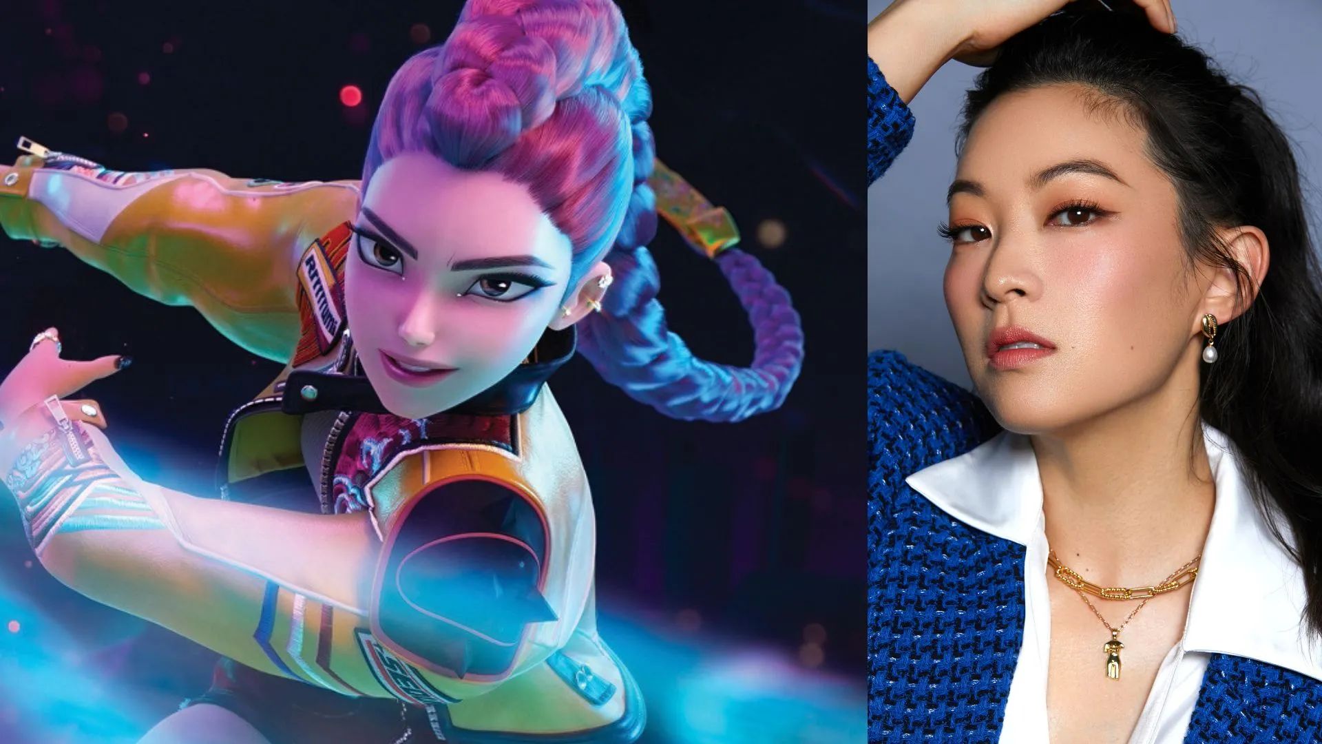 Rumi from KPop Demon Hunters beside Arden Cho, who provides the character's English-speaking voice.