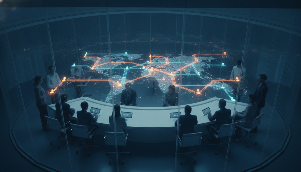 People around a curved table analyzing a futuristic digital world map display in a dimly lit room