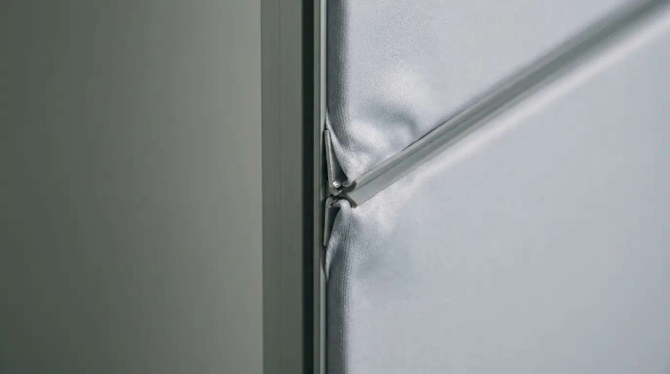 Close-up of metallic fold with taut fabric held by metal strip in soft light