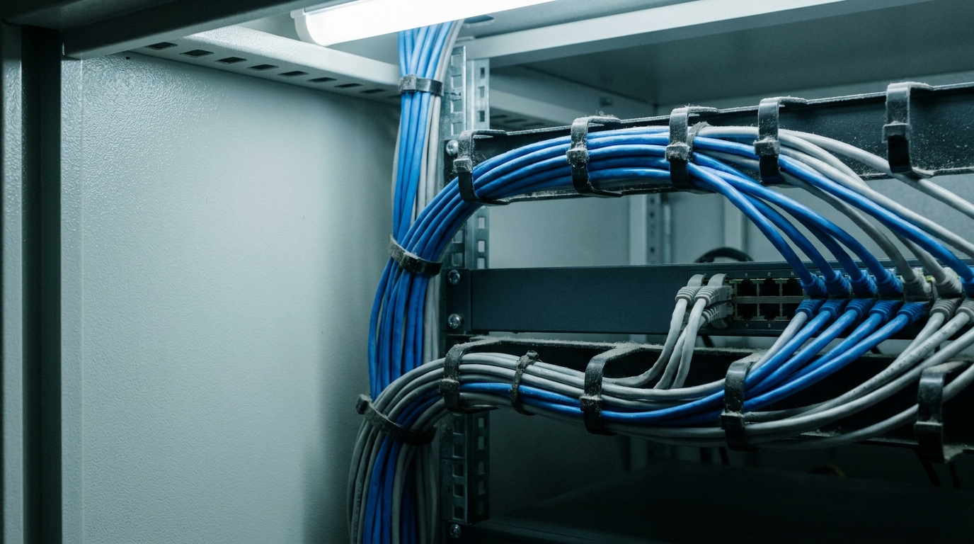 Network server rack with organized blue and white cables indoors under fluorescent lighting