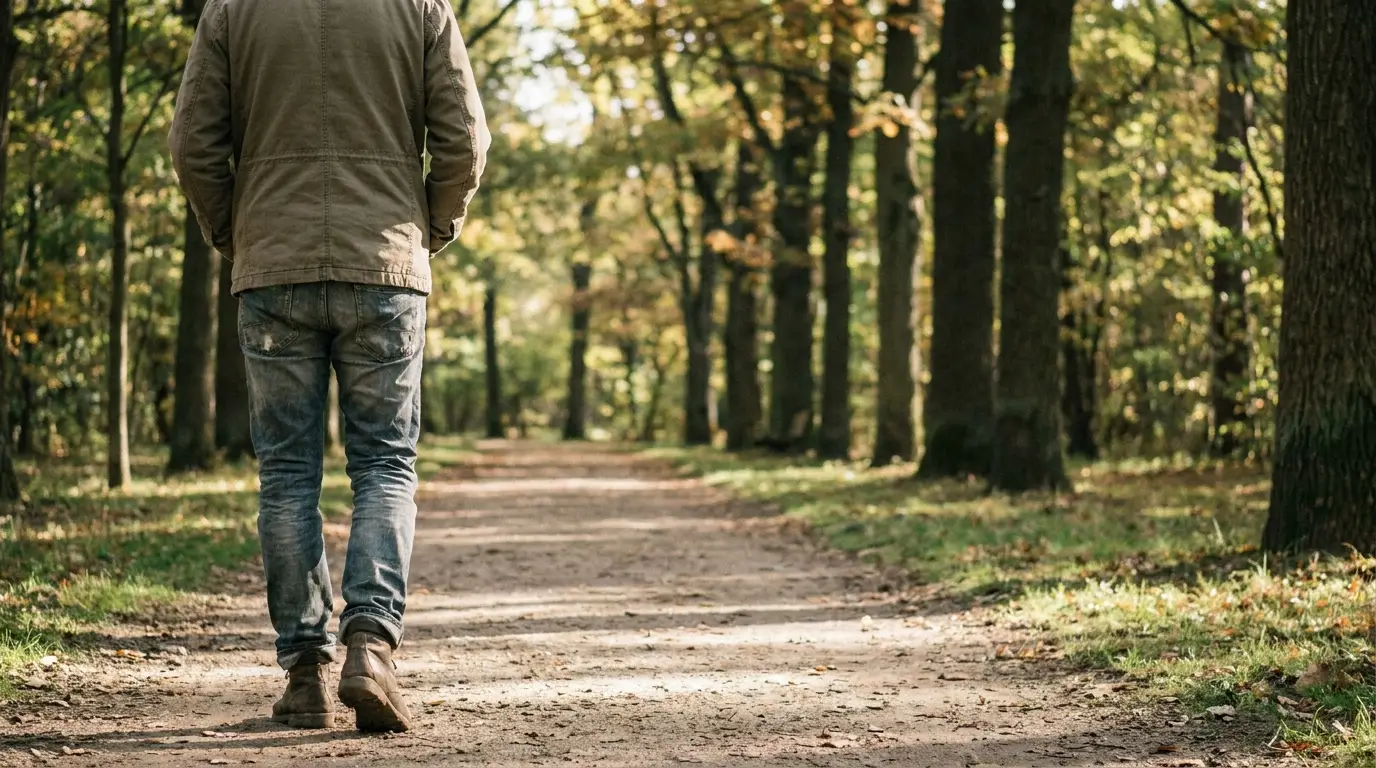 Person walking on a sunlit forest path surrounded by tall trees and vibrant foliage