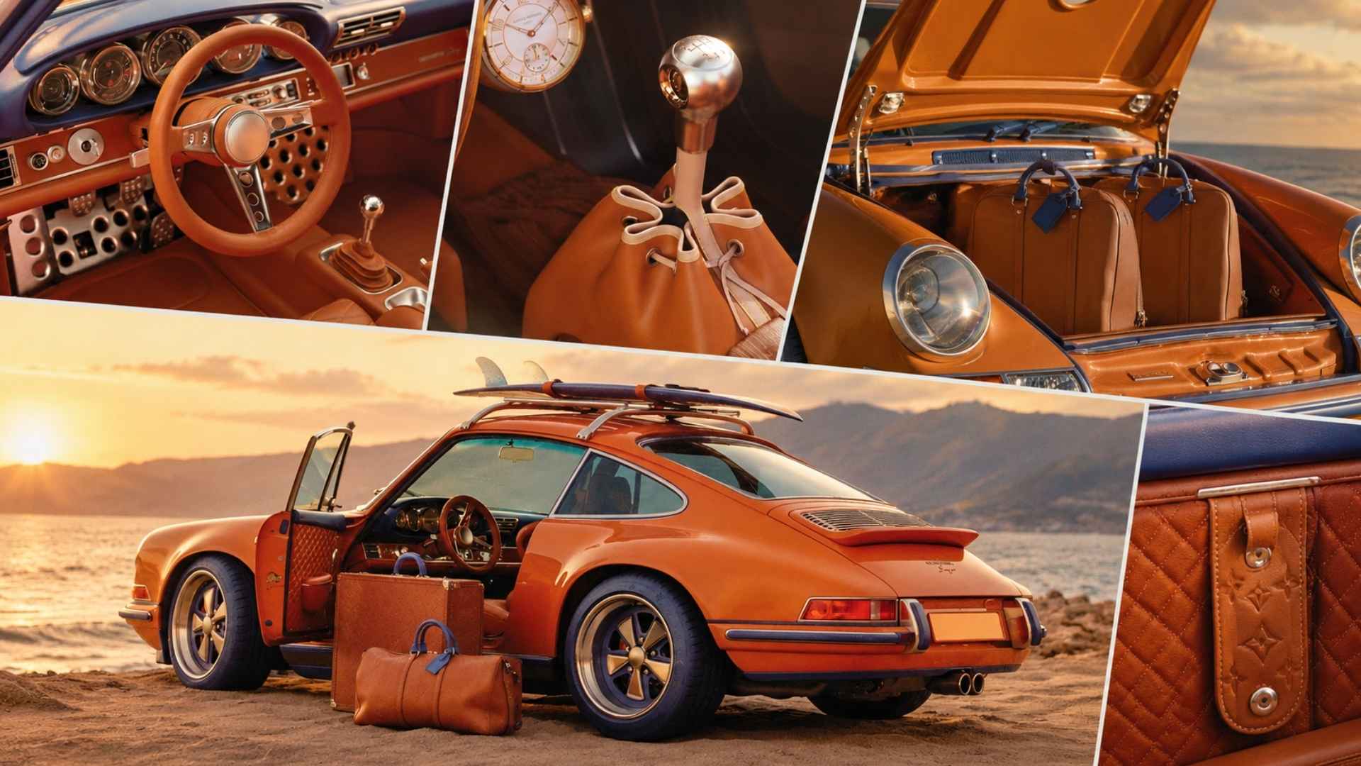 Singer x Louis Vuitton Porsche 911 collage showing orange exterior, leather interior, luggage and details.