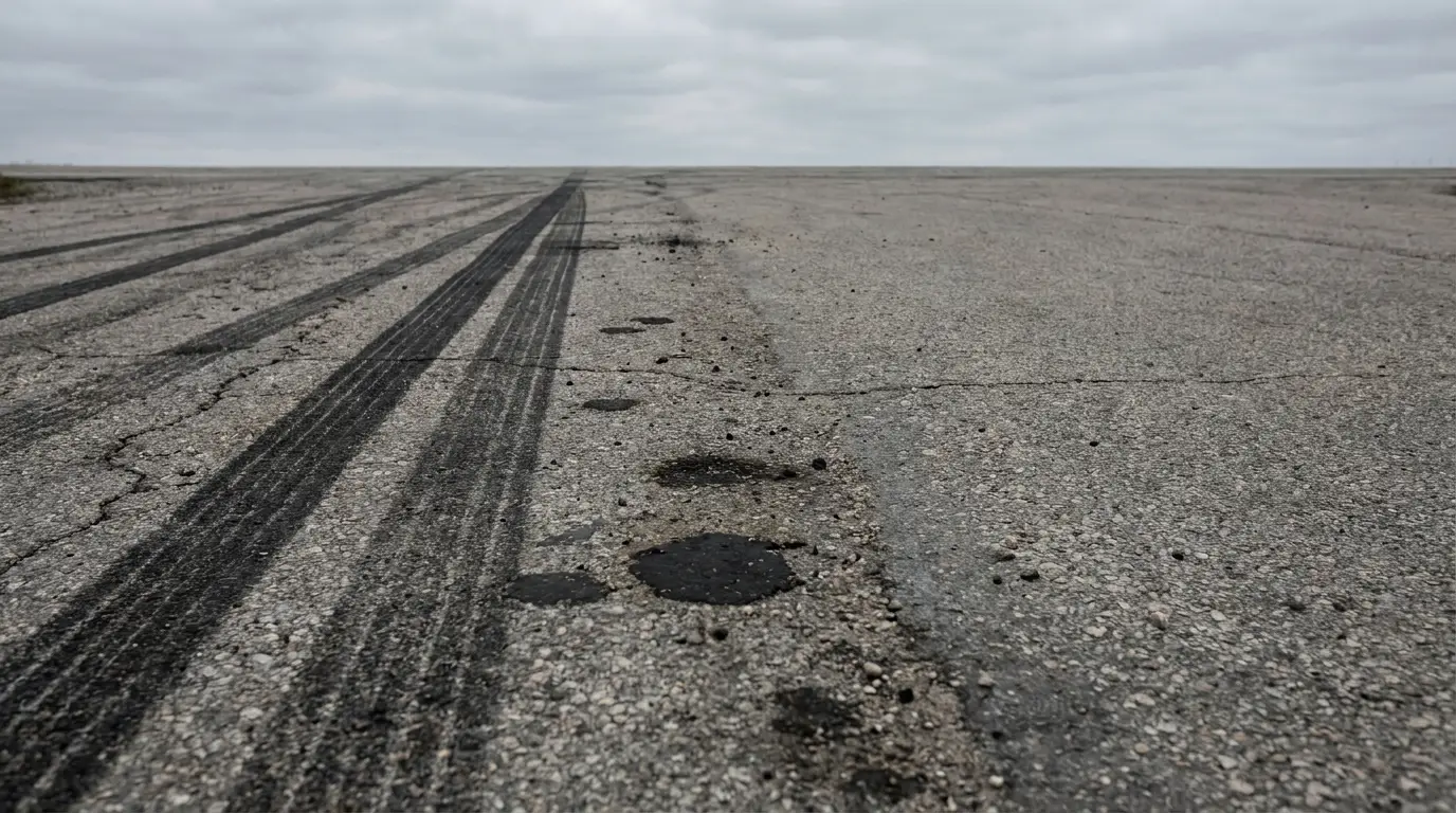 Wide asphalt road with dark tire skid marks and scattered potholes under overcast sky