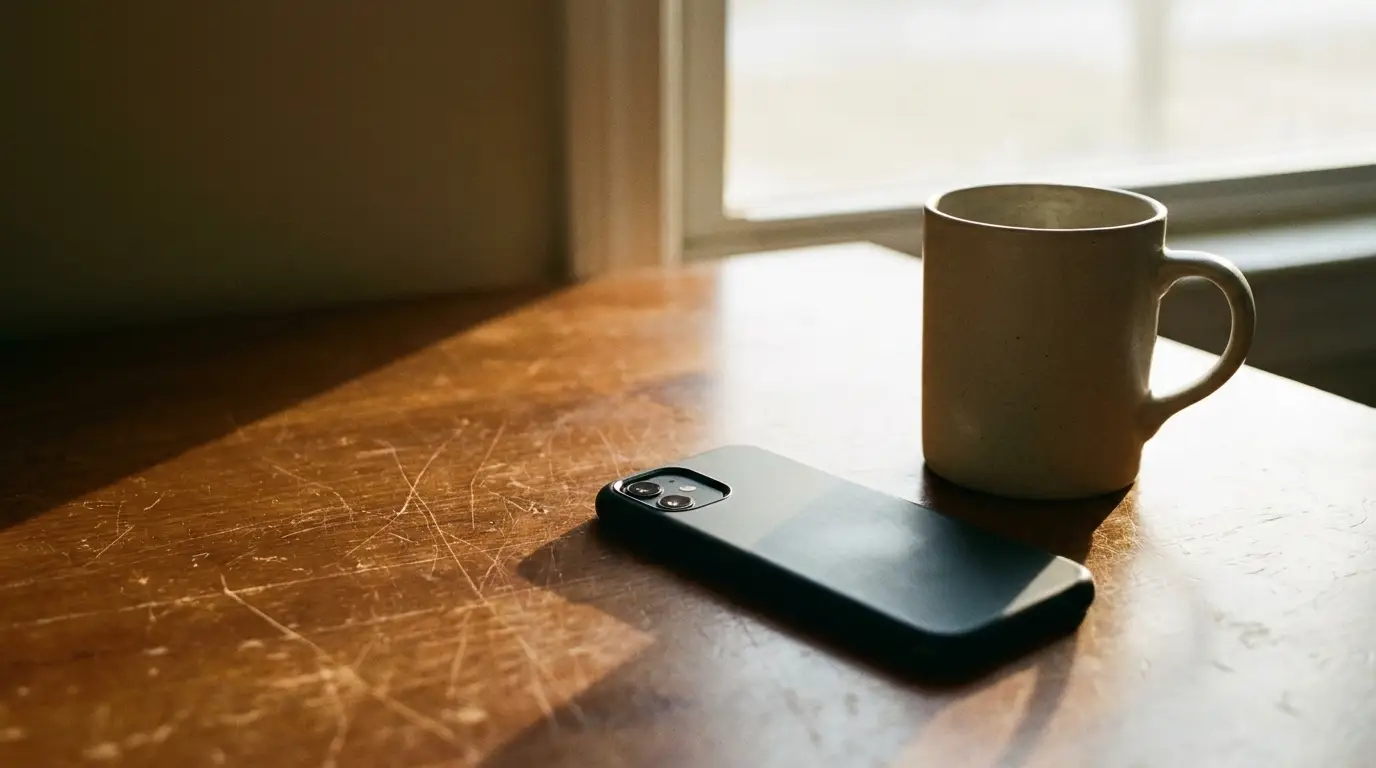 Smartphone and ceramic mug on wooden table in sunlight by a window