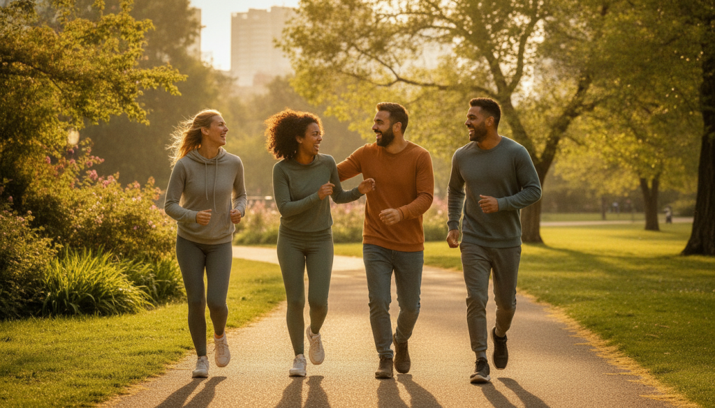 Four people jogging on a park path in warm, golden sunlight