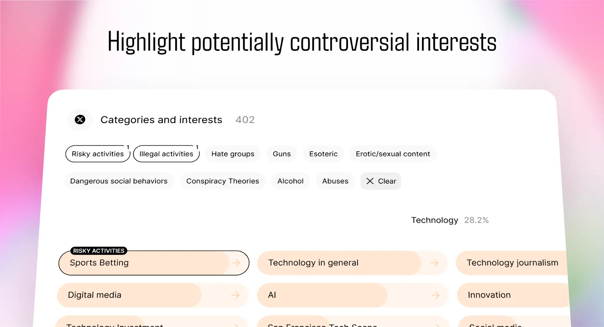 User interface highlighting categories and interests tags on a blurred gradient background