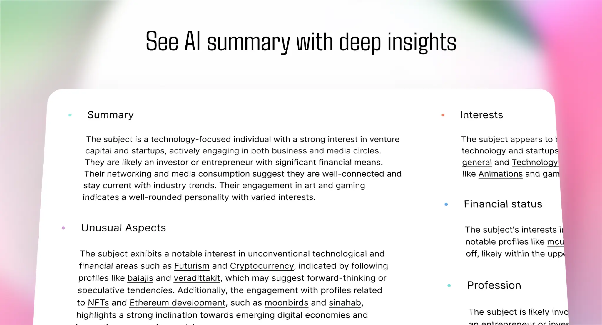 Summary of AI insights with colorful gradient background and clear text sections