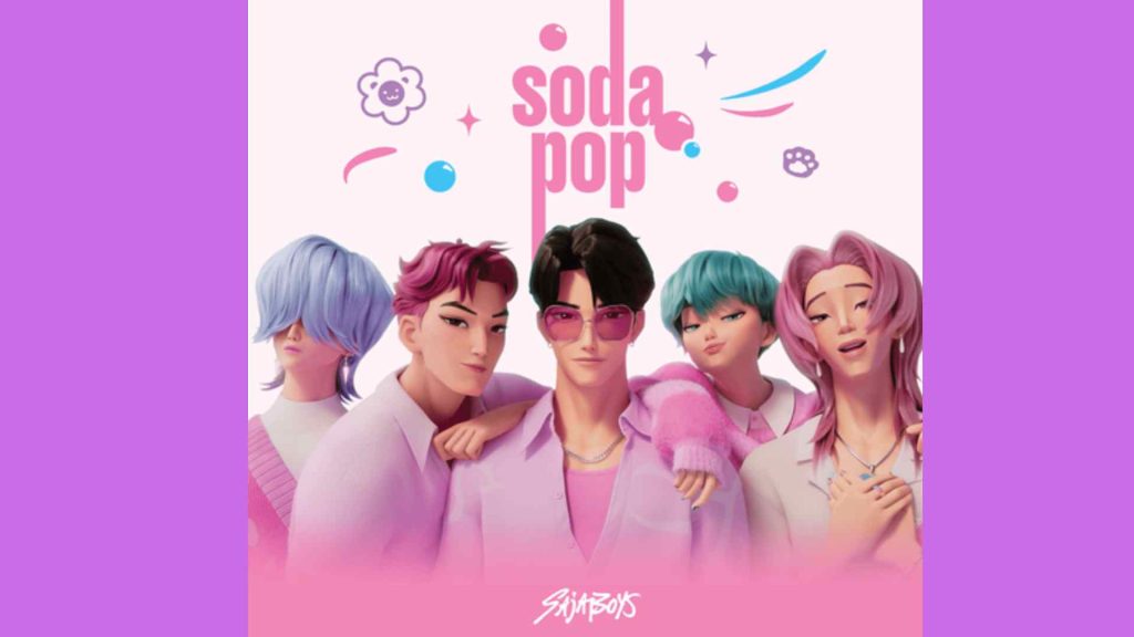 Saja Boys performing “Soda Pop” in KPop Demon Hunters with fans gathered around them at a Seoul marketplace.
