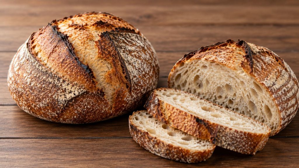 Freshly baked sourdough bread loaves with a crisp golden crust and sliced airy interior on a wooden table.