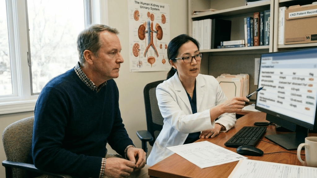 doctor reviewing stage 3 kidney disease test results with a patient during a kidney health consultation