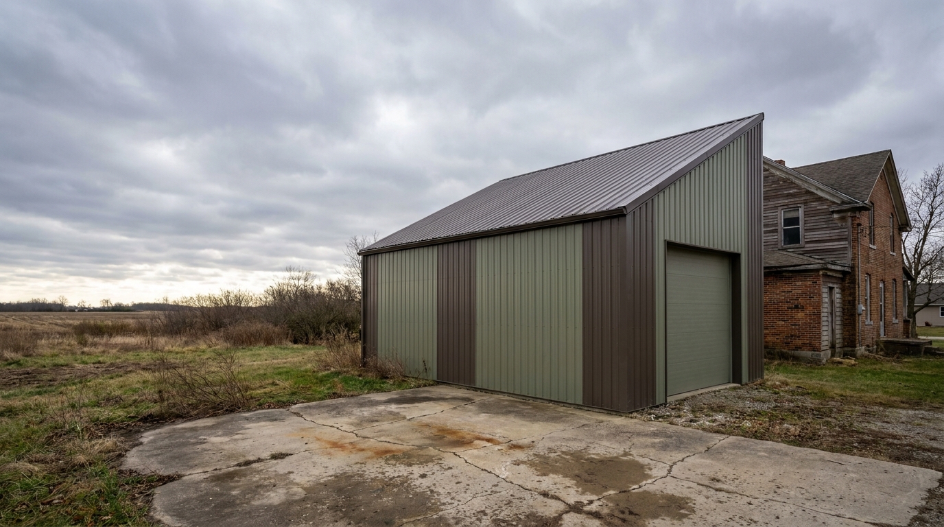 Metal garage beside an old brick house in a rural area under cloudy skies