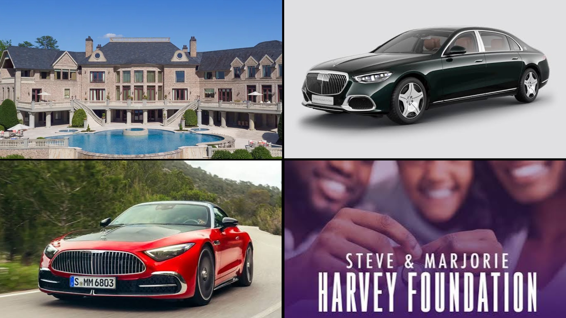 Four-panel collage showing a luxury estate with a pool, a dark sedan, a red Mercedes, and a foundation logo.