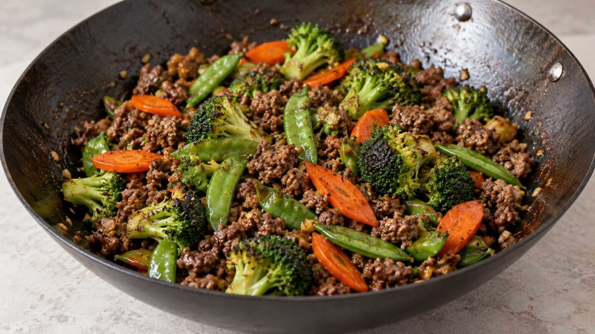 Ground beef stir-fry with broccoli, carrots, and snap peas in a dark wok.
