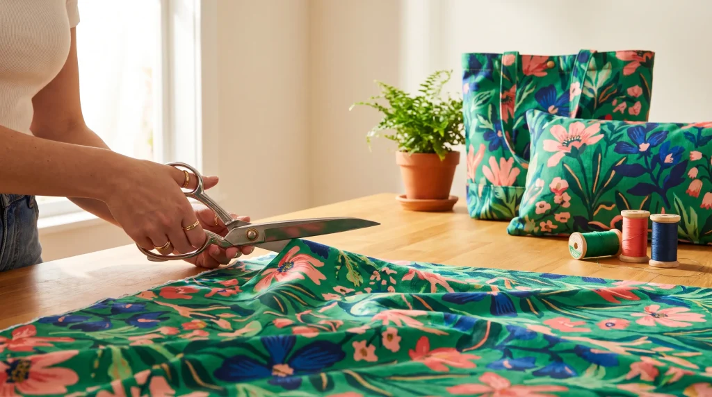 Hands using scissors to cut floral fabric on wooden table with spools and potted plant nearby