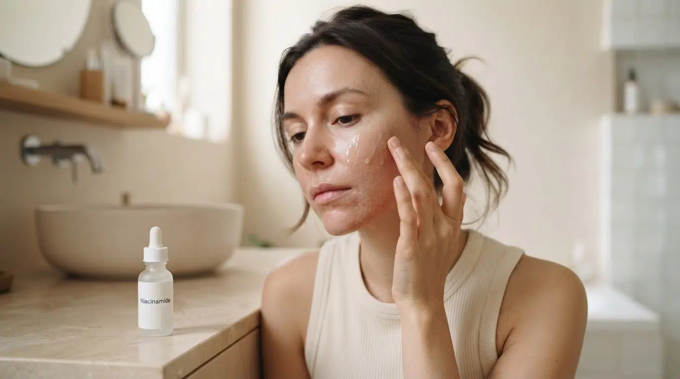 woman with dry rough skin applying niacinamide serum to support moisture and skin barrier