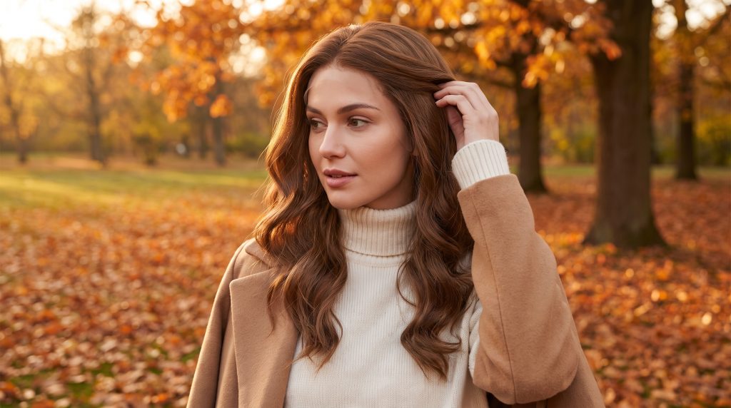 Woman in beige coat and turtleneck standing in autumnal park with golden leaves