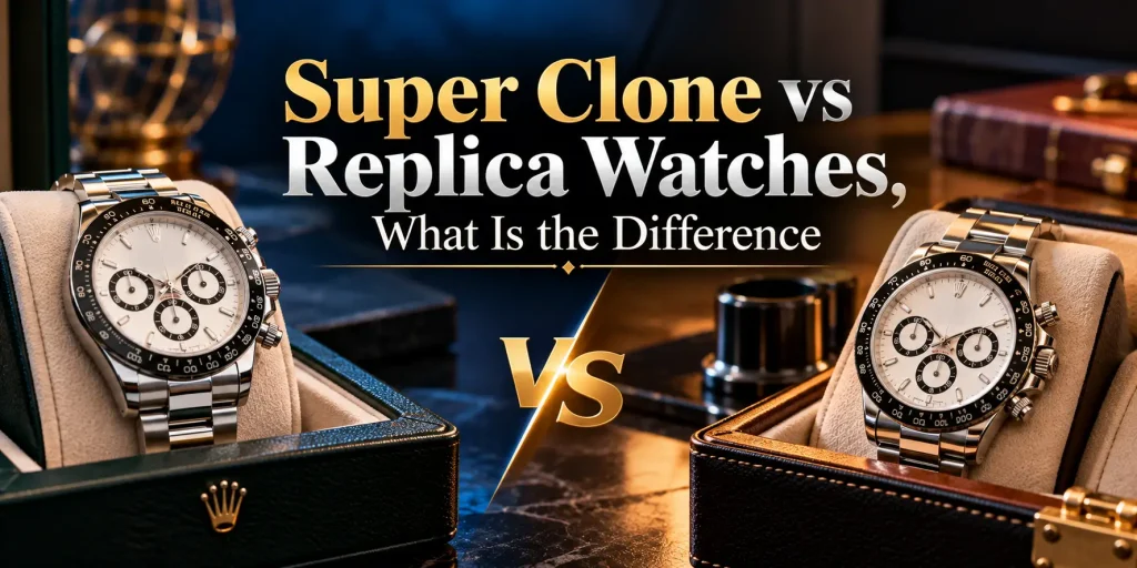 Two luxury watches in display cases on polished surface with warm lighting